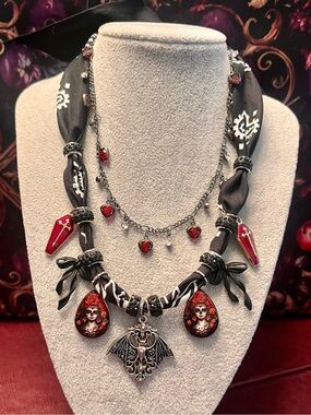 Gothic Bat & Heart Layered Necklace - Black & Red